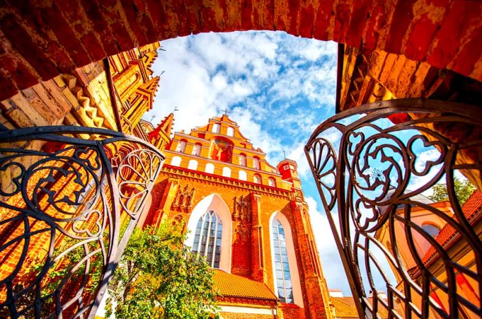 A view from the gates of the stunning Gothic Church of Francis of Assisi in the heart of Vilnius's Old Town, Lithuania.