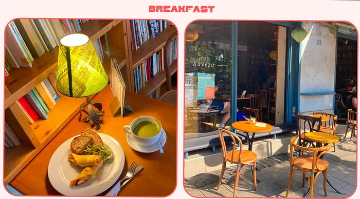 Two images: breakfast at Kelet and outdoor seating, in Budapest