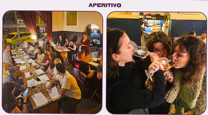 A diptych captures the ambiance of a wine bar, featuring women enjoying their drinks.