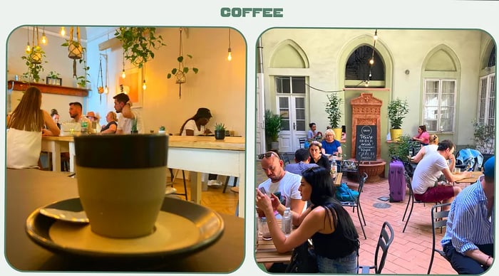 Two images: coffee at Fekete cafe, and outdoor courtyard seating, in Budapest