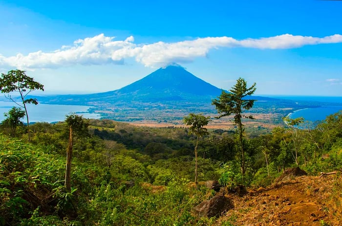 A view of Volcán Concepción and Ometepe Island in Nicaragua from the slopes of Volcán Maderas.