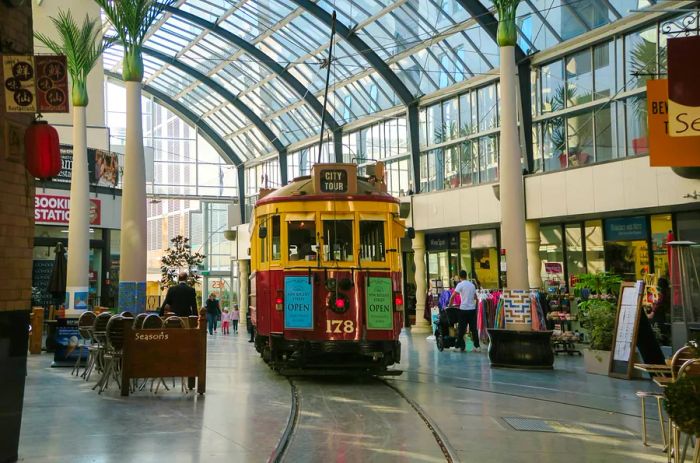 Tram in Christchurch's shopping district, New Zealand