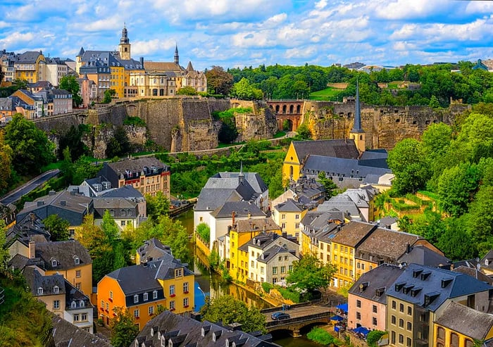 A view of Luxembourg City showcasing the Old Town and Grund