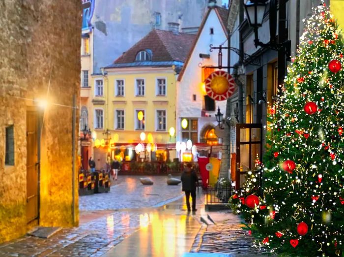 The Christmas tree lights up the rainy streets, where people stroll through the softly blurred evening glow reflecting on the medieval pavement of Tallinn’s Old Town during the holiday season in Estonia.