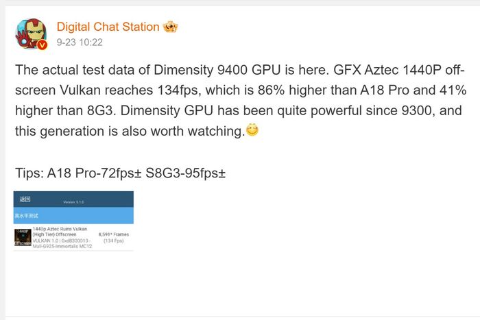 Dimensity 9400 có hiệu suất GPU cực kỳ ấn tượng