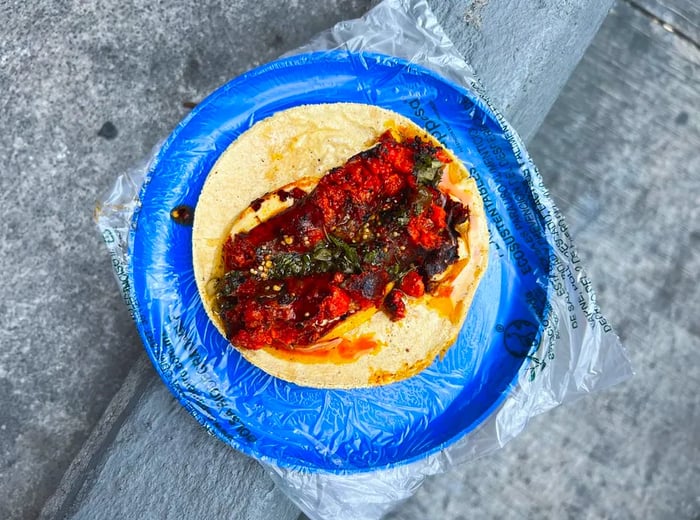 A taco resting on a plastic-wrapped plate, adorned with rich, deep red meat stew.