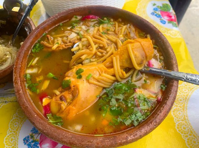 A generous portion of chicken in soup accompanied by noodles.