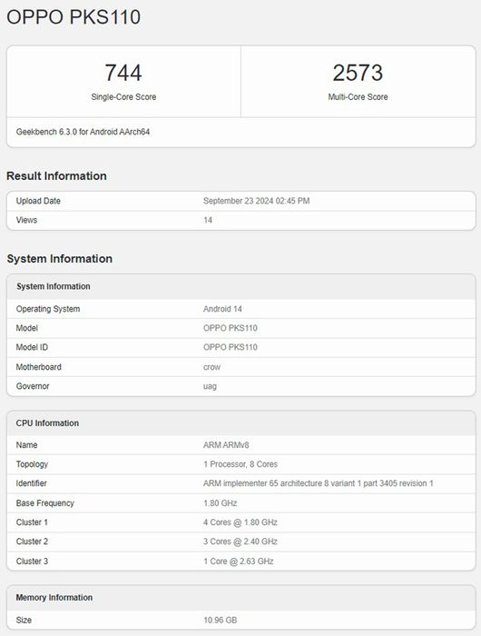 Hiệu năng của OPPO PKS110 được công bố trên Geekbench