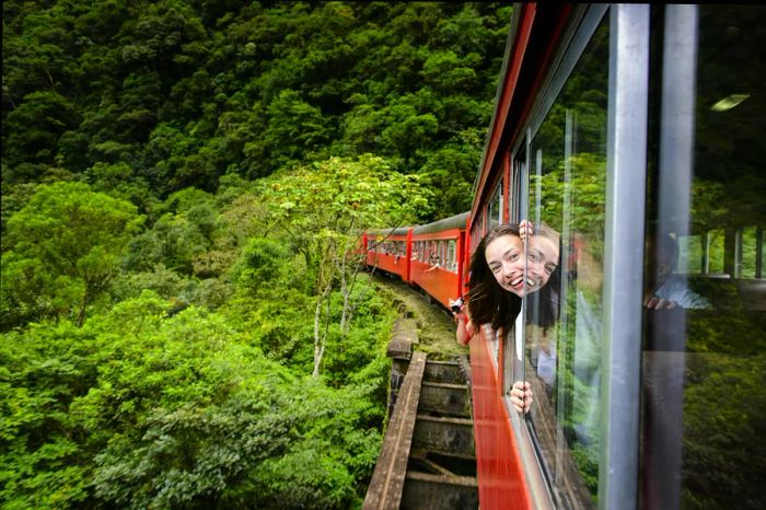 A woman leans out of the window on the Serra Verde Express train traveling from Curitiba to Morretes, Paraná, Brazil