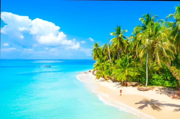 A woman strolls along a pristine white-sand beach in the Bocas del Toro islands, embraced by crystal-clear waters.