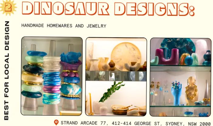 Brightly colored bangles, elegant dishes, and decorative ornaments adorning the shelves of a design store.