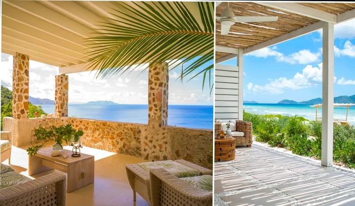 Two perspectives of patios at tropical resorts with ocean views