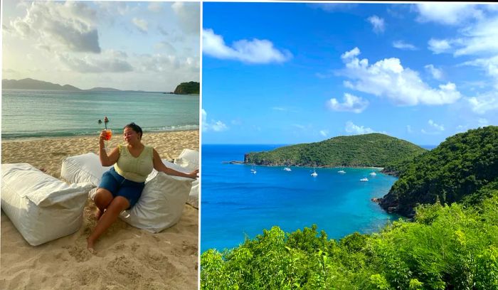 Chamidae Ford relaxes with a drink on the beach, overlooking the turquoise bay in the BVI.