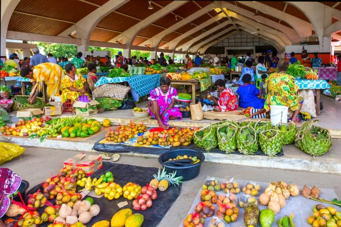 A vibrant marketplace brimming with colorful produce