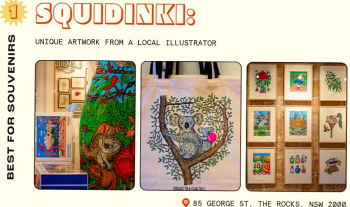 Three whimsical animal-themed items at the souvenir shop Squidinki: a squid jigsaw puzzle, a koala tote bag, and a grid of framed sketches on display.