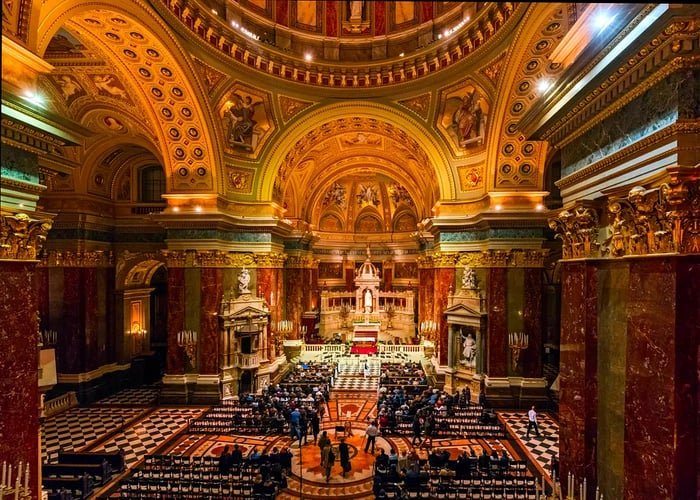 The stunning interior of St. Stephen's Basilica in Budapest, Hungary