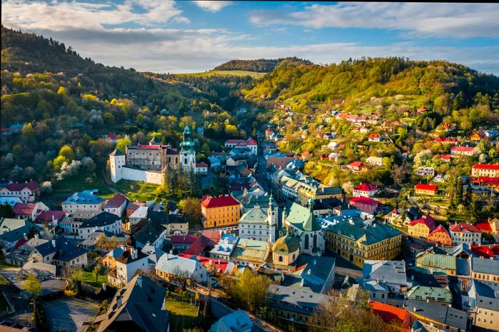 Aerial view of the historic mining town of Banská Štiavnica, Slovakia