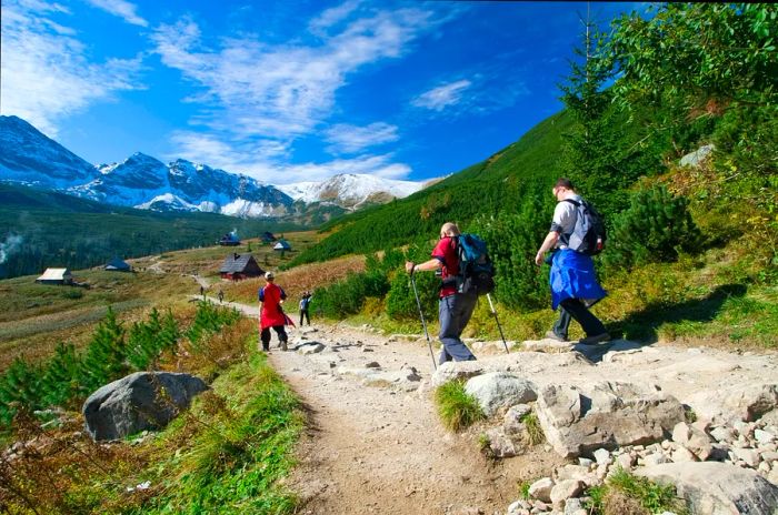 Hikers traversing a path in the High Tatras, Slovakia