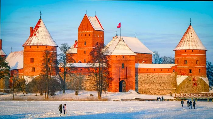 Trakai Castle blanketed in snow during the winter season, Trakai, Lithuania