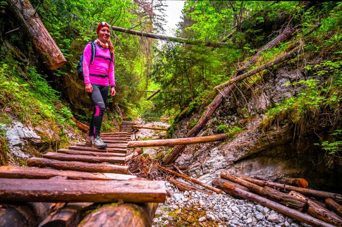 A woman climbing a ladder by a waterfall in Slovenský Raj National Park, Slovakia