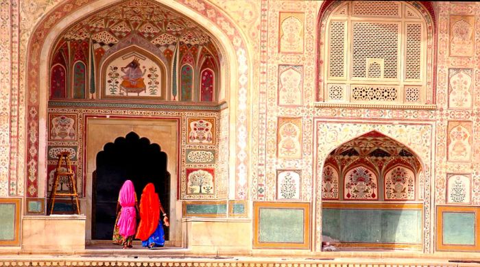 Two women strolling through the Amber Fort, Jaipur