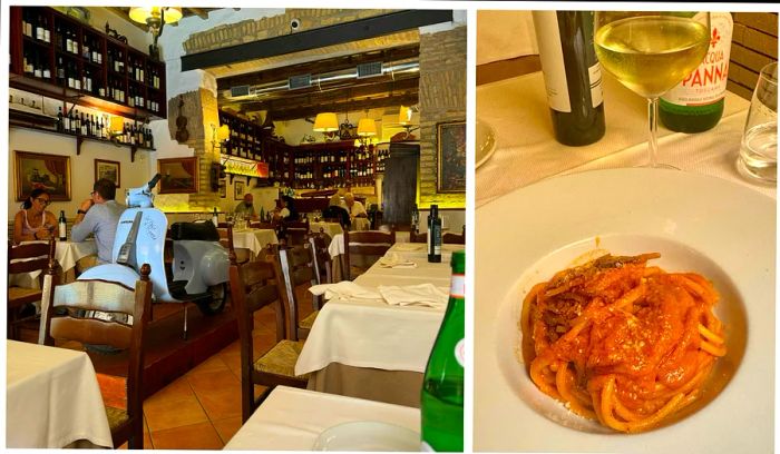 Two images from an Italian restaurant—one featuring tables and the other showcasing a dish called bucatini all'Amatriciana.