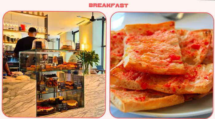 L: interior of a Madrid café; R: bread with tomato spread