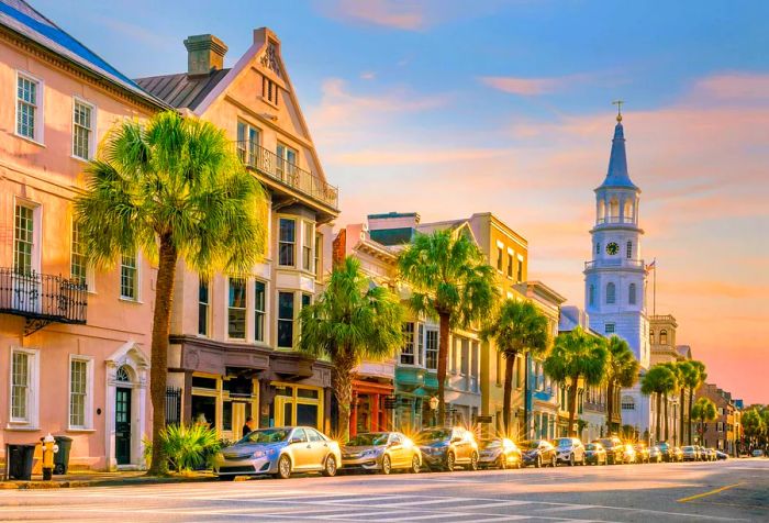 Historic architecture lines the streets of downtown Charleston, South Carolina, where cars are parked amidst the charm.