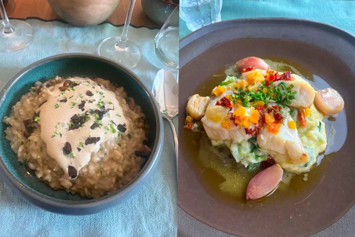 A collage image - on the left, mushroom risotto and on the right, a fish dish.