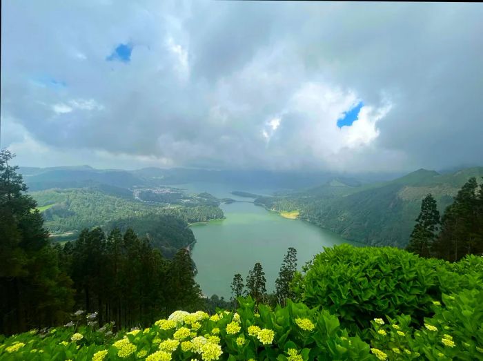 A breathtaking view of a lake in the Azores captured from a high vantage point.