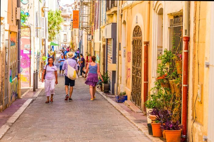 A vibrant street view in the historic La Panier district of Marseille, France