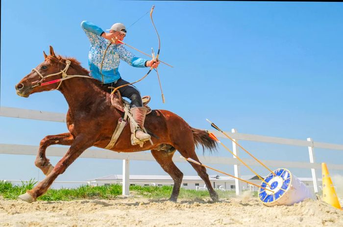 A horseback rider shoots an arrow at a target while galloping by at high speed.