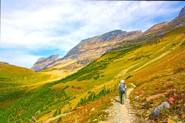 Hiking in Glacier National Park, Montana during the fall.