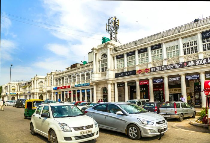 Cars parked outside Connaught Place in Delhi