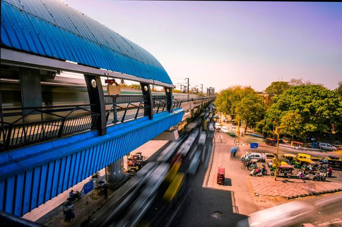 Daytime view of an elevated metro station in New Delhi