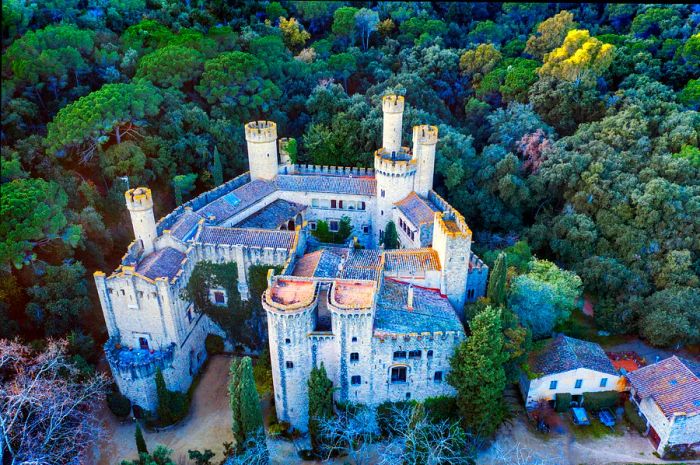 An aerial view of Castell de Santa Florentina, located in Canet de Mar, Catalonia, Spain