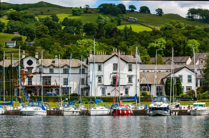 A quaint harbor lined with a row of white sailboats