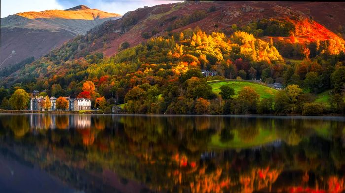 A lake mirroring the autumn hues of the surrounding forest