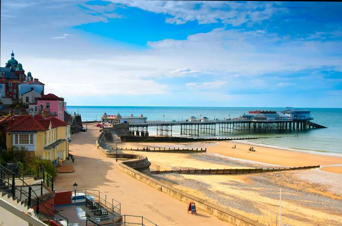 Seaside promenade, town center, and pier in Cromer, a coastal town in Norfolk, England