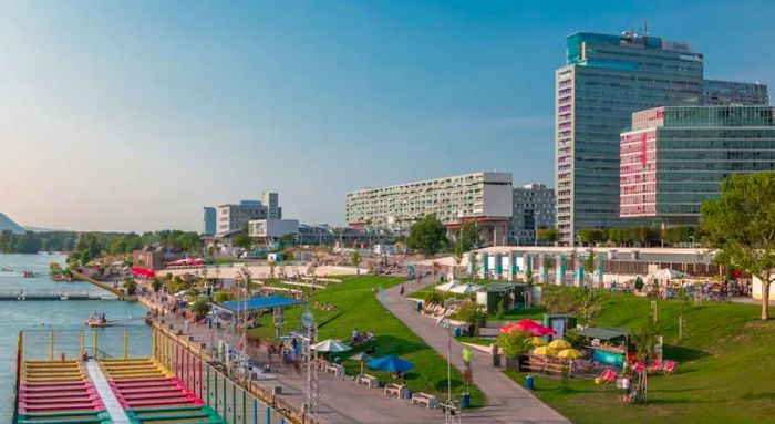 The Copa Beach area located by the Neue Donau (New Danube) in the 22nd district of Vienna, Austria