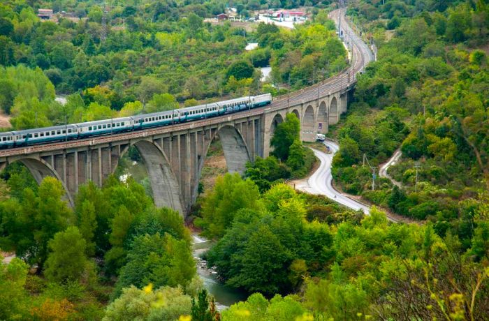 A train traversing a multi-arched bridge in a picturesque rural landscape