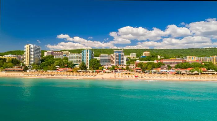 A beach bordered by large hotels