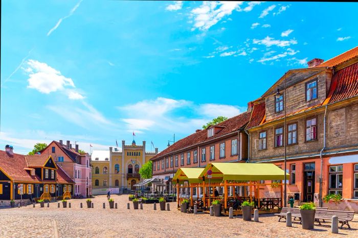 A cobblestone medieval town square