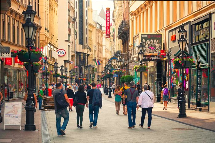 Pedestrians strolling along Váci utca in Budapest