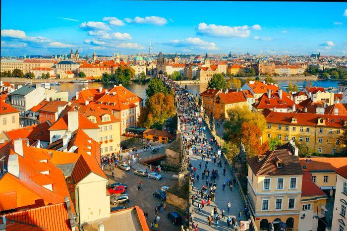 Aerial view of pedestrians crossing the Charles Bridge in Prague.