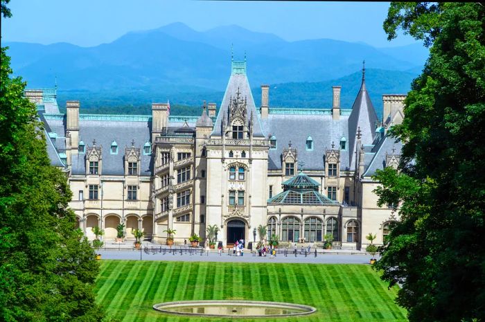 A grand French-style chateau set amidst manicured gardens