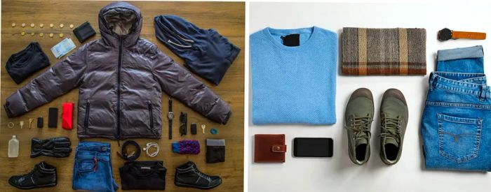 On the left, a collection of clothing featuring a black puffer jacket, two black t-shirts, gloves, blue jeans, black boots, socks, a hoodie, aftershave, and headphones. On the right, a blue sweater, plaid scarf, olive shoes, blue jeans, a brown wallet, a watch, and a phone.