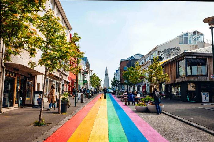 View of the iconic Rainbow Street in Reykjavík, Iceland