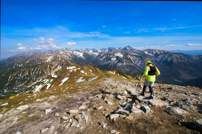 A hiker on a high ridge in the High Tatras, Slovakia