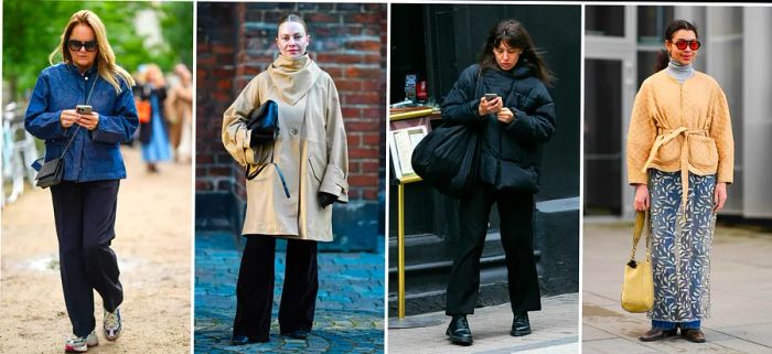 Images of four women styled in casual outfits enhanced with layers.